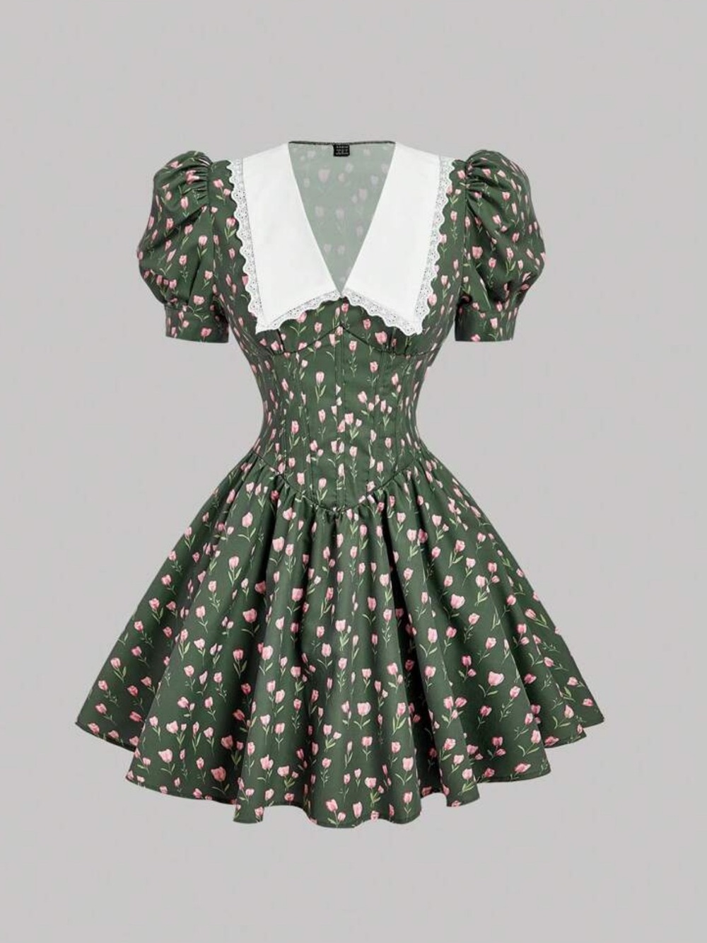 Green Floral Fit-and-Flare Dress with White Collar